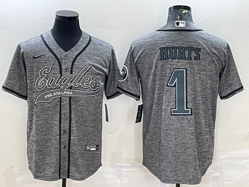 Men's Grey Philadelphia Eagles #1 Jalen Hurts With Patch Cool Base Stitched Baseball Jersey
